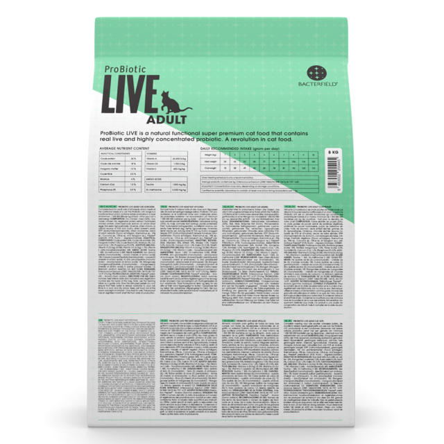 ProBiotic LIVE 成猫用 チキン8kg 裏面 給餌表・栄養成分表示 プロバイオティック ライブ キャットフード BACTERFIELD
