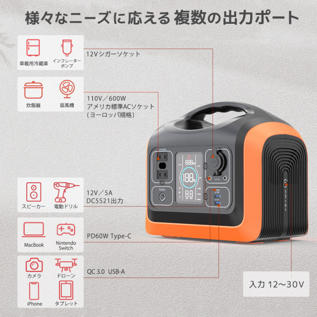 ポータブル電源 UPP-600J 複数の出力ポートで様々な家電と接続可能 AC・DC・USB-C・USB-A・
