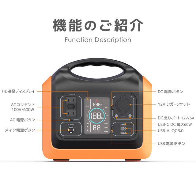 ポータブル電源 UPP-600J 液晶ディスプレイの表示案内 使用時間・パワー・バッテリー残量・警告ランプ・電源ボタン