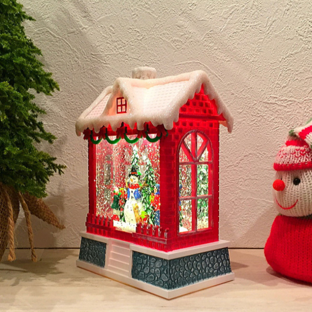 クリスマス置物 スノーイングハウスライト スノードーム 電子オルゴール 斜めアングル