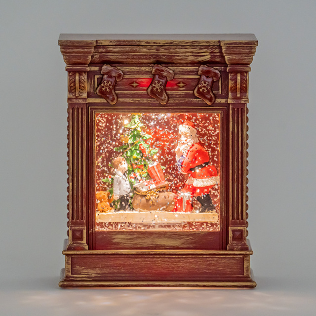 ウォーター暖炉ライトスタンド 電子オルゴール クリスマス置物 暖炉型スノードーム LEDライト ST38270 薄暗闇で光っている状態 正面