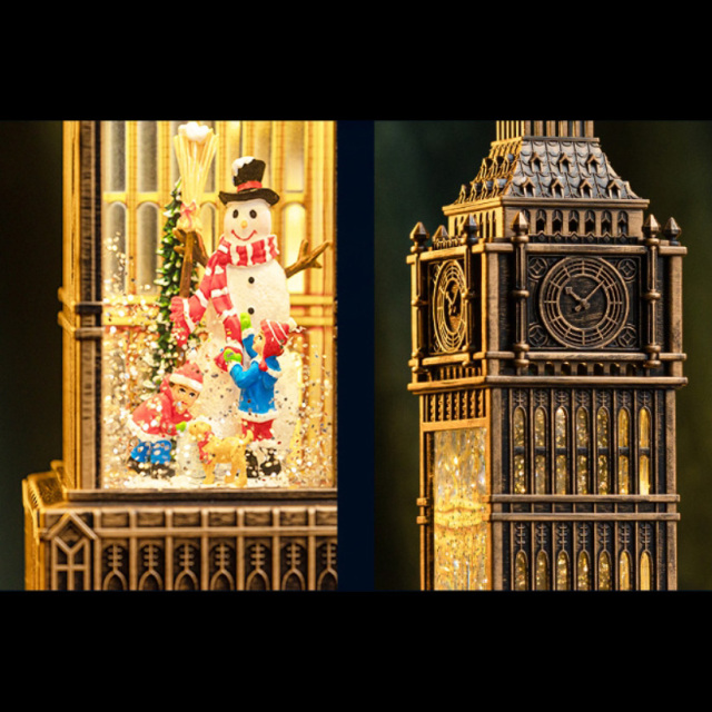 グリッタービッグベン スノーイングランタン スノーマンと時計部分の拡大イメージ 電子オルゴール WDL-2106