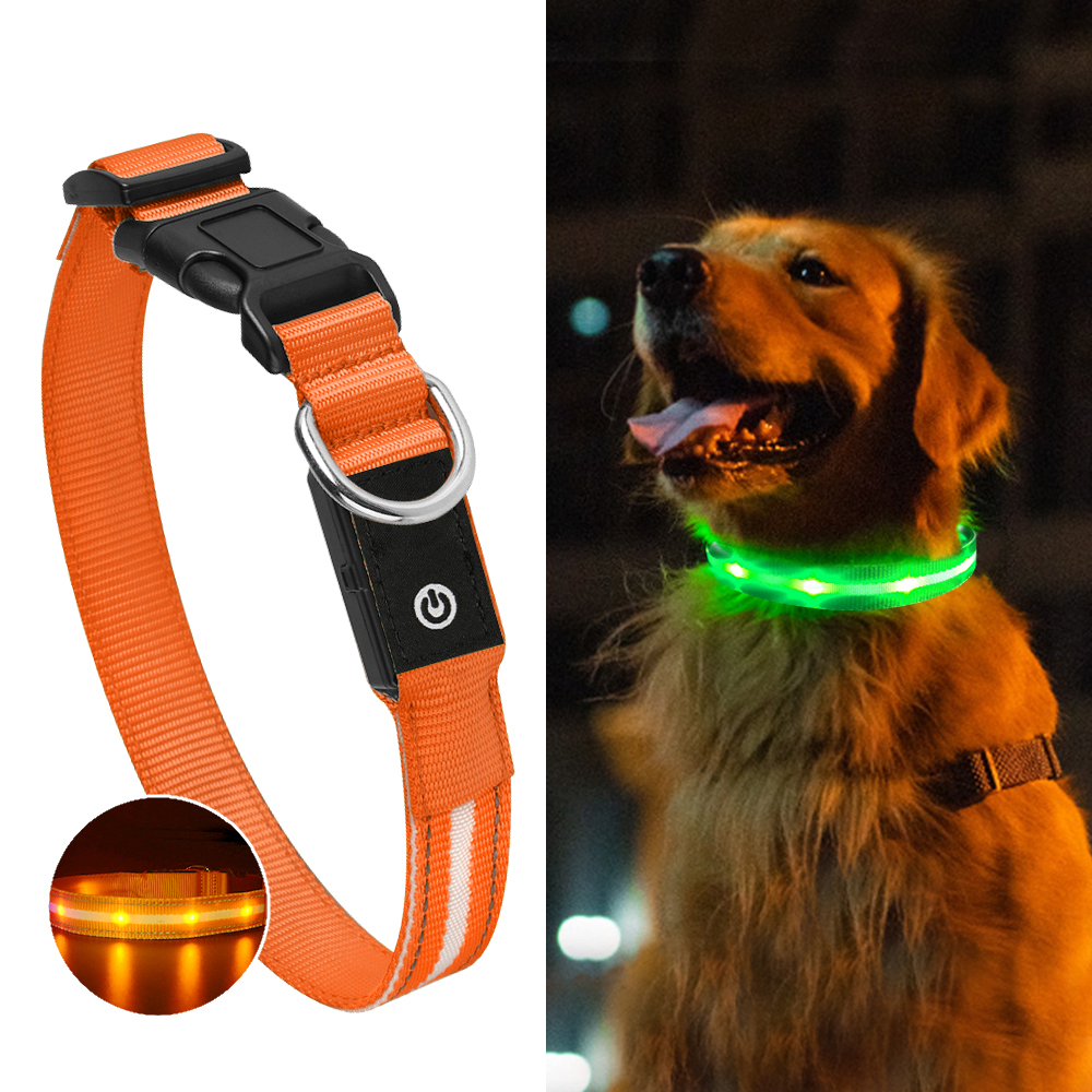 犬 光る首輪 LED点滅 オレンジ S～L ペット 夜間散歩 ライト USB充電