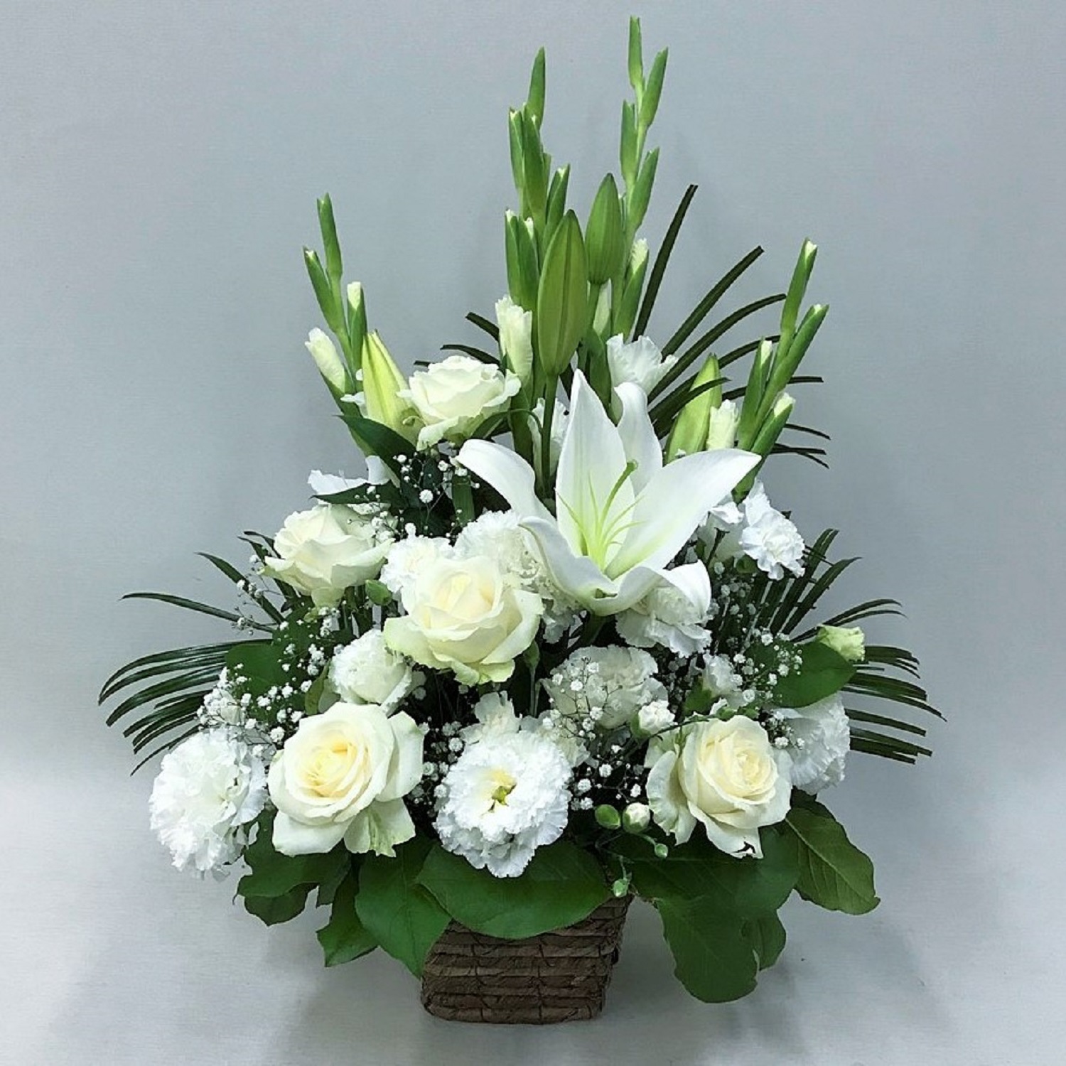 お供え お悔やみ 法要 一周忌 供花 枕花 白 バラ ユリ アレンジメント
