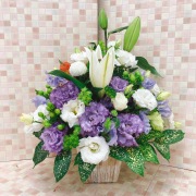 お供え お悔やみ 法要 一周忌 供花　白 紫 トルコ アレンジメント