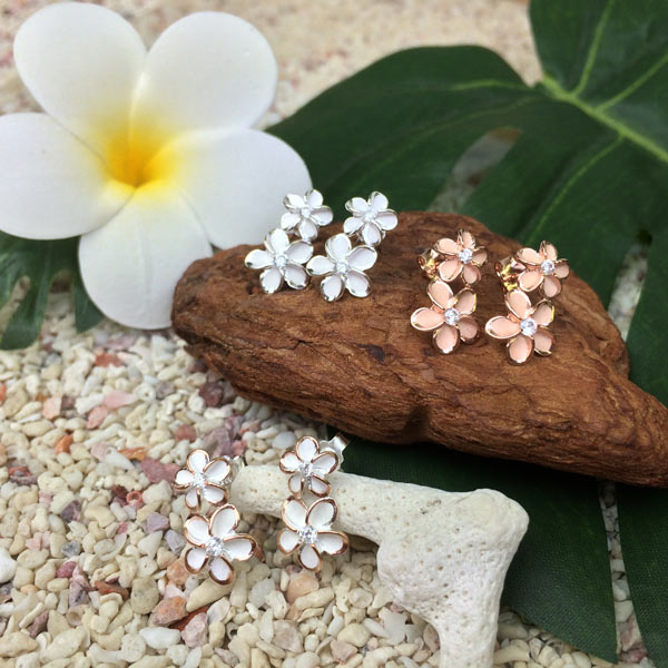 ハワイアンジュエリー ダブルプルメリア×ジルコニアキャッチピアス