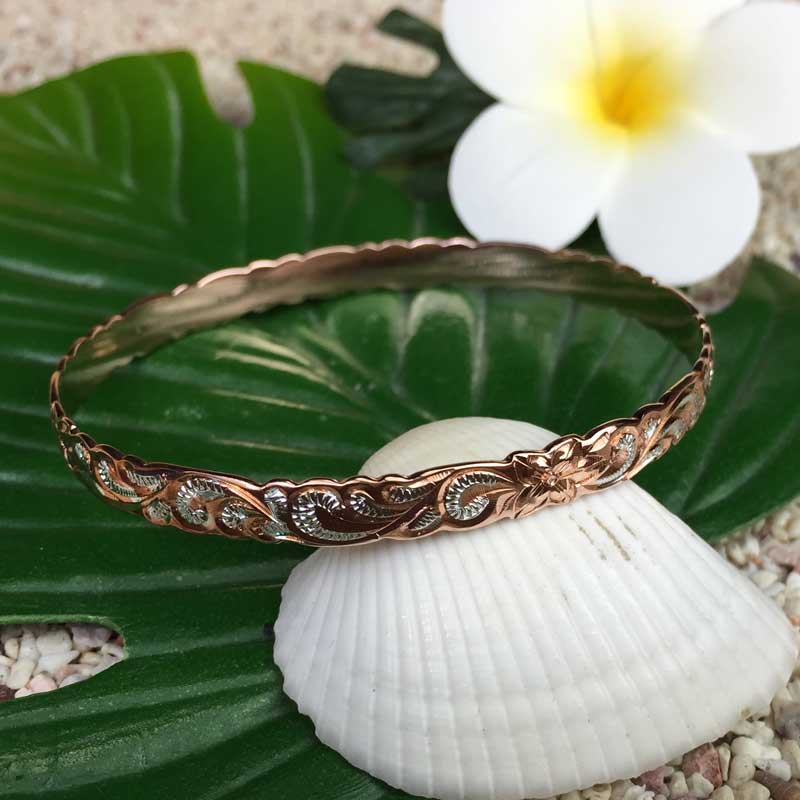 Hawaiianjewely ハワイアンジュエリー ピンクシルバーバングル「プルメリア＆ウェーブ」幅細