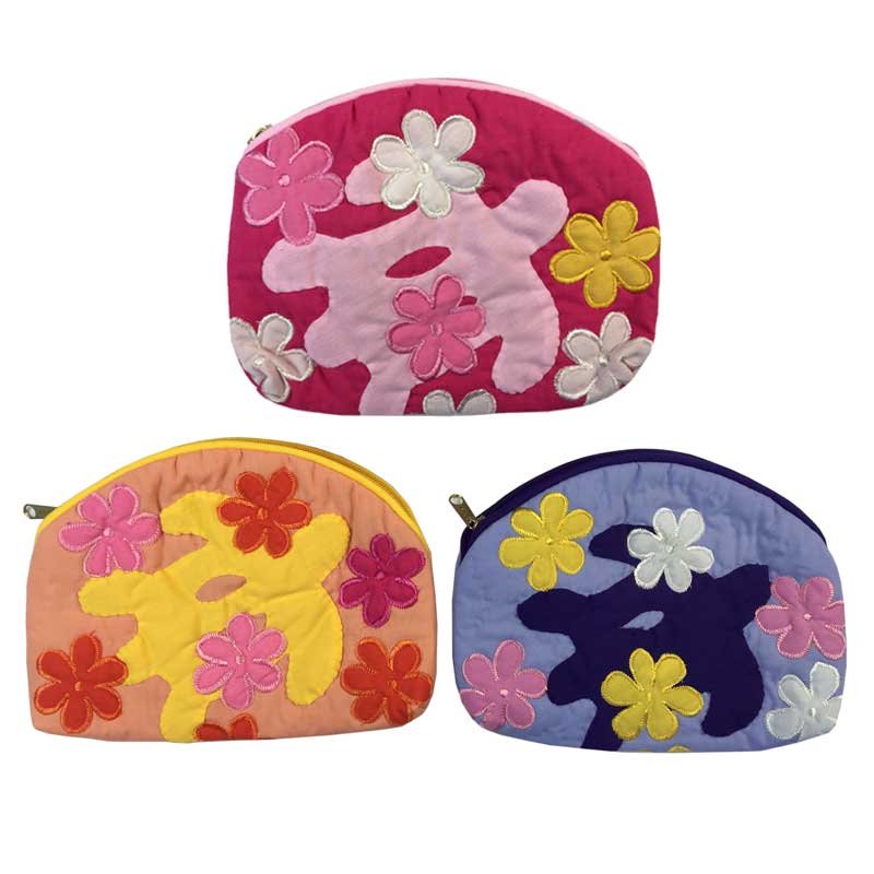 ハワイアンキルト　ホヌ×カラフルフラワーポーチ/ Hawaiian Quilt ハワイアン雑貨