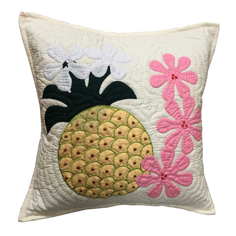 ハワイアンキルトグッズクッションカバー『パイナップルホワイト』45×45
