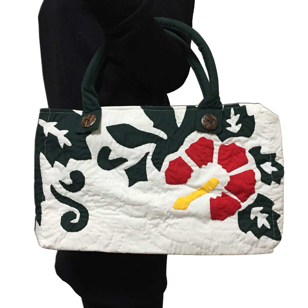 ハワイアンキルト ハイビスカス柄ハンドバッグ ホワイト/Hawaiianquilt レディースバッグ　手提げ