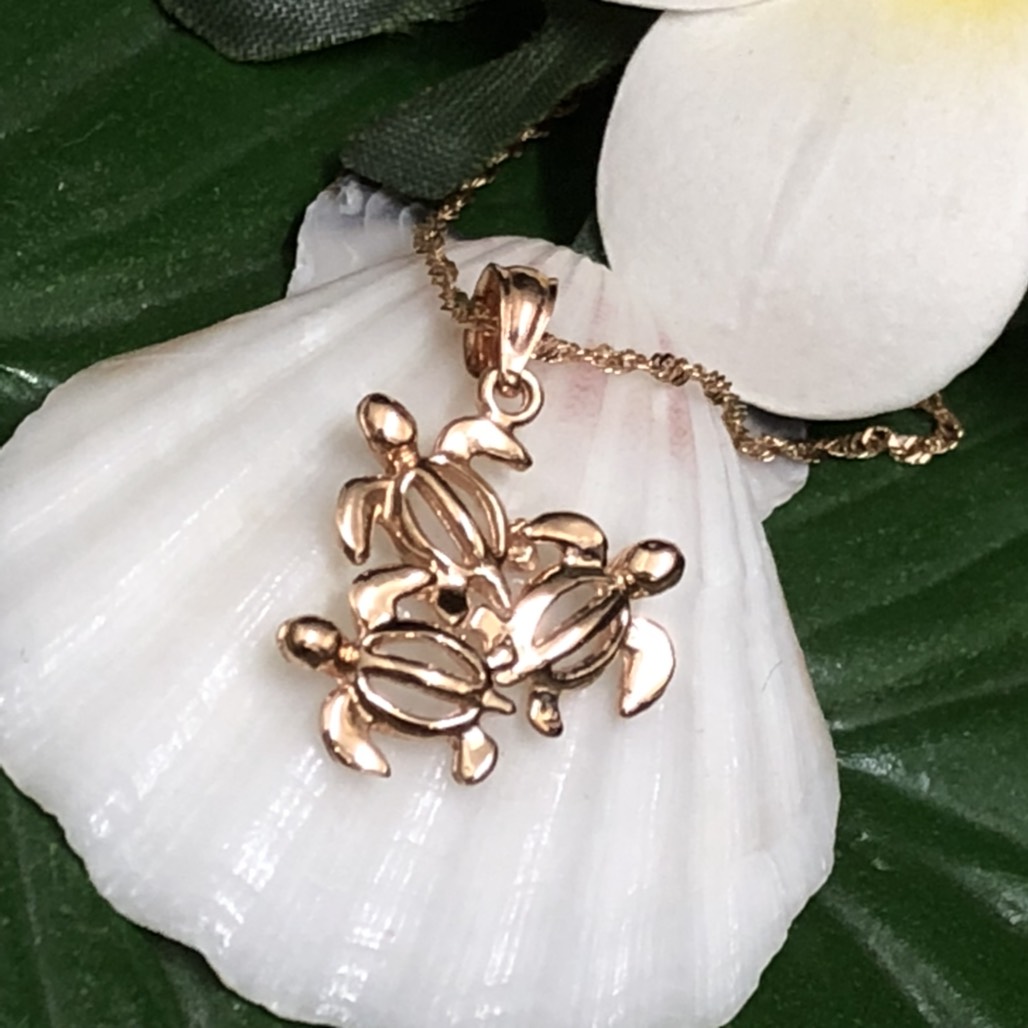 ハワイアンジュエリー 14ｋ　シンガポールチェーン付き　3ホヌネックレス/ハワイアンアクセサリー