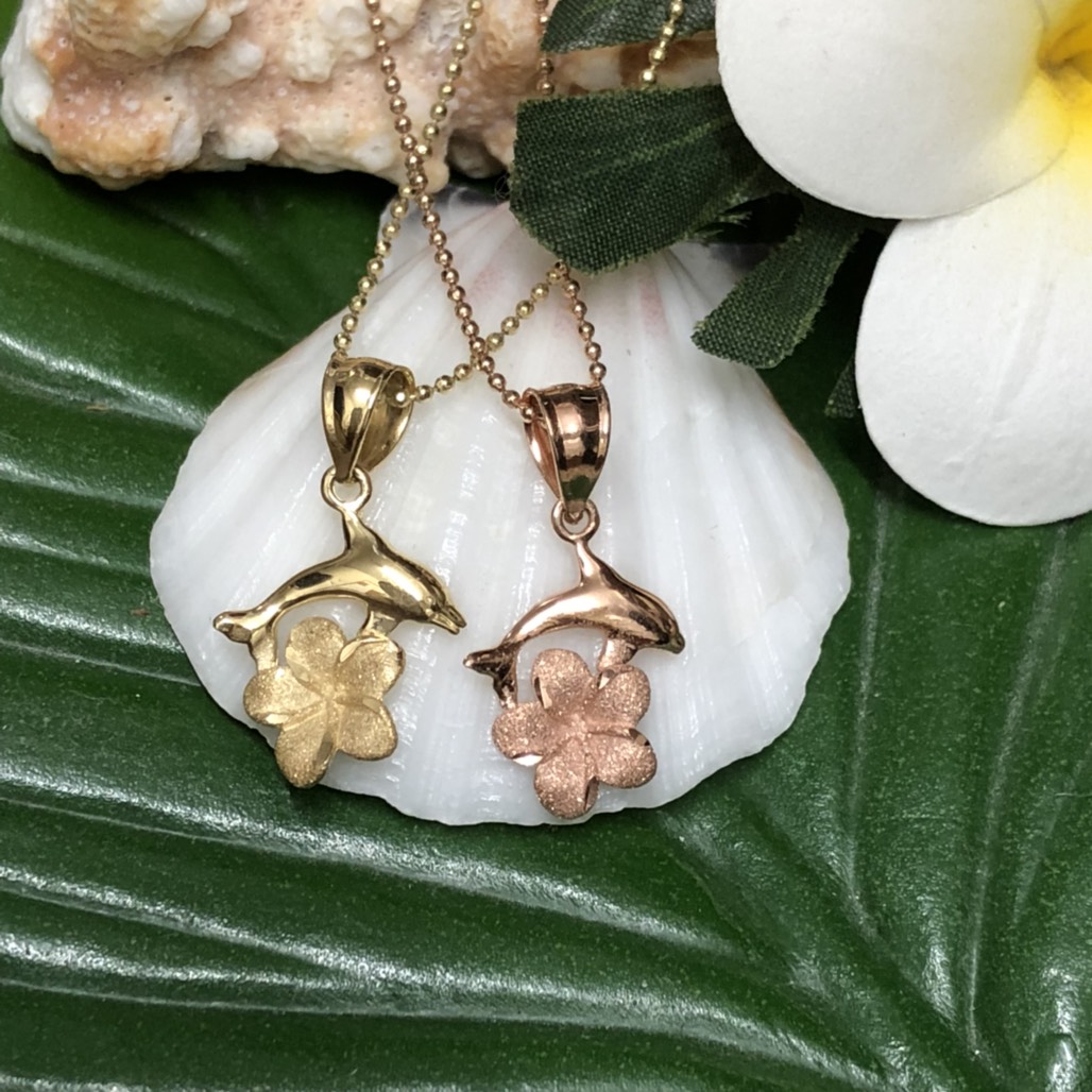 ハワイアンジュエリー 14ｋ　ボールチェーン付きドルフィン×プルメリアネックレス/ハワイアンアクセサリー