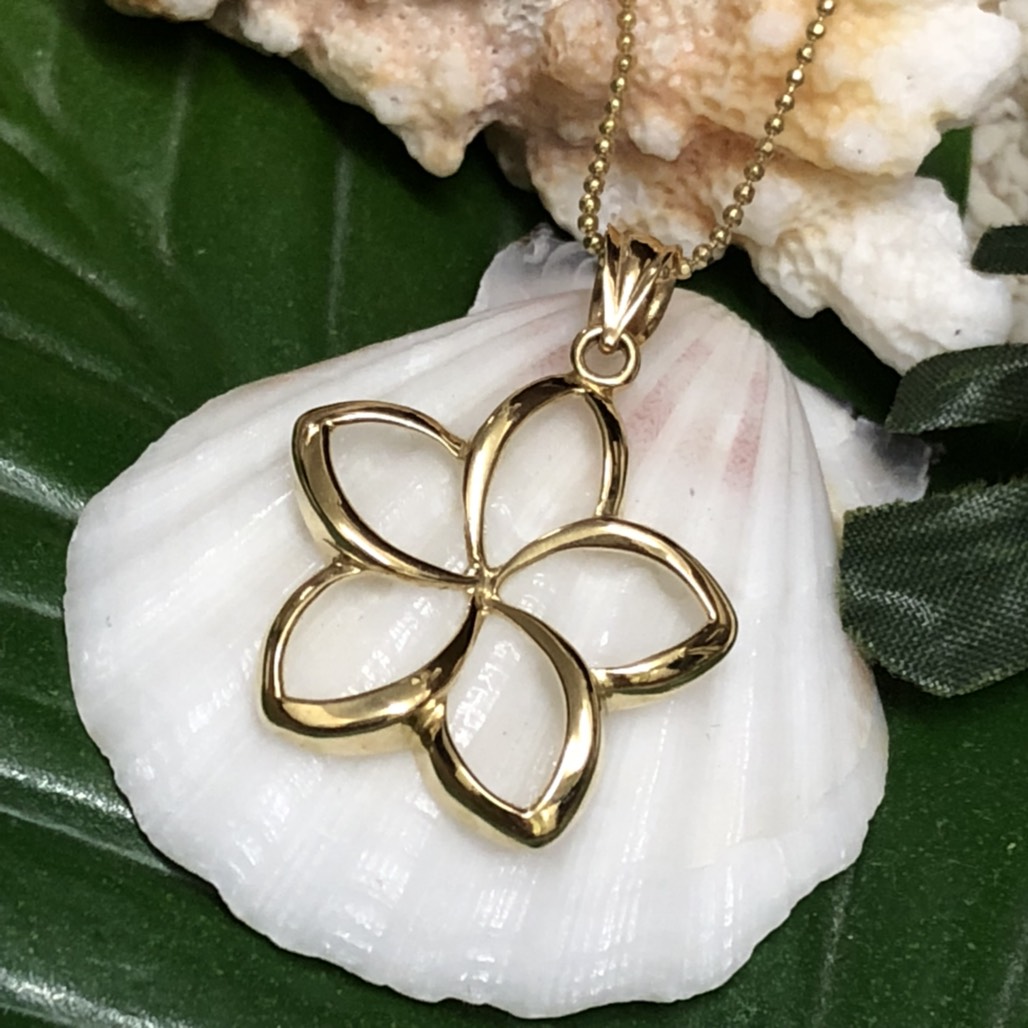 ハワイアンジュエリー 14ｋ　ボールチェーン付き　透かしプルメリア　大　ネックレス/ハワイアンアクセサリー