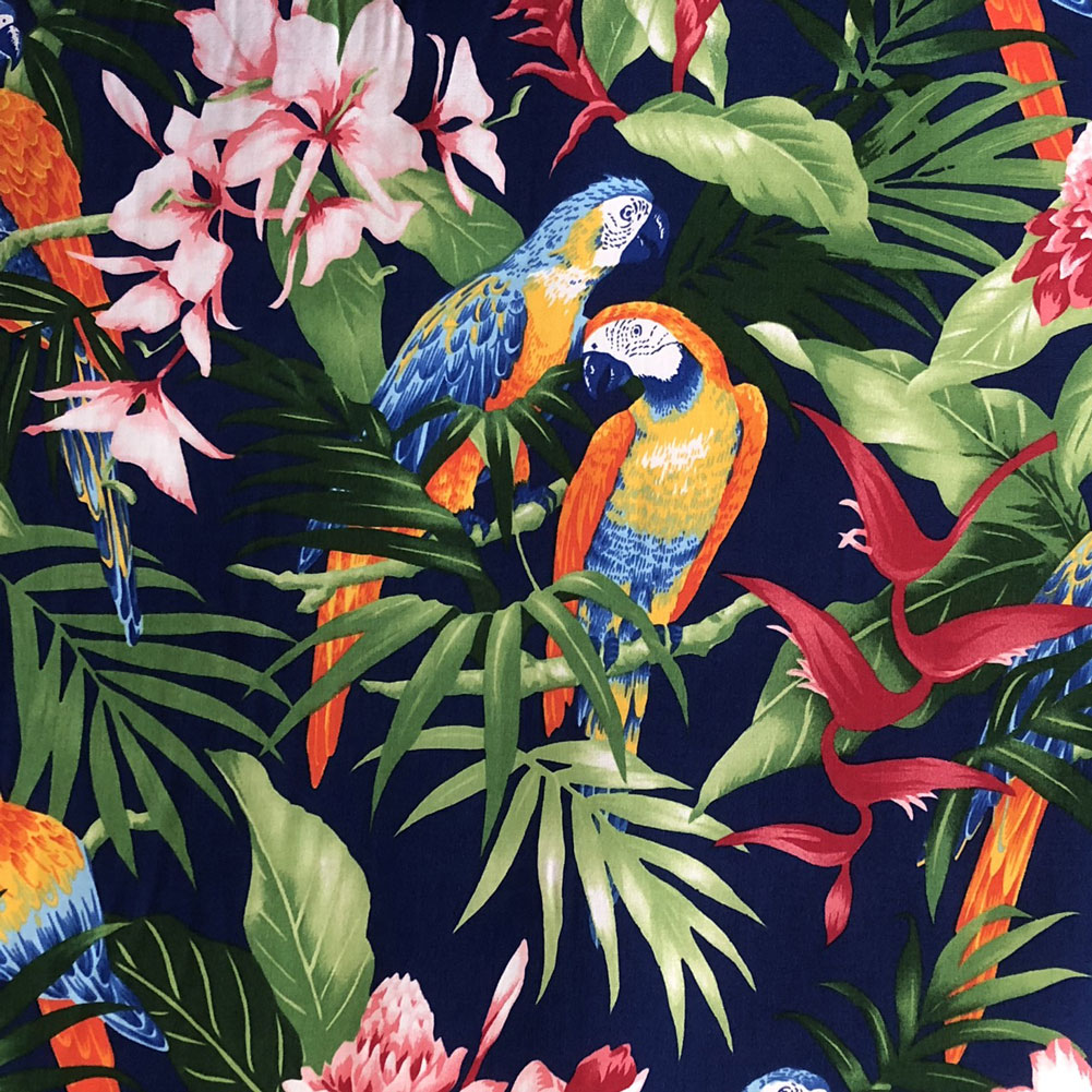 ハワイアン生地 インコ&ヤシの葉　コットン　ネイビー　Parrot & Palm Leaves Navy Cotton TX-17-17