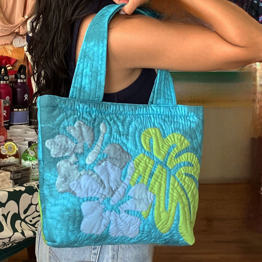ハワイアンキルト ハンドバッグ むら染め ブルー ハイビスカス モンステラ タイダイ