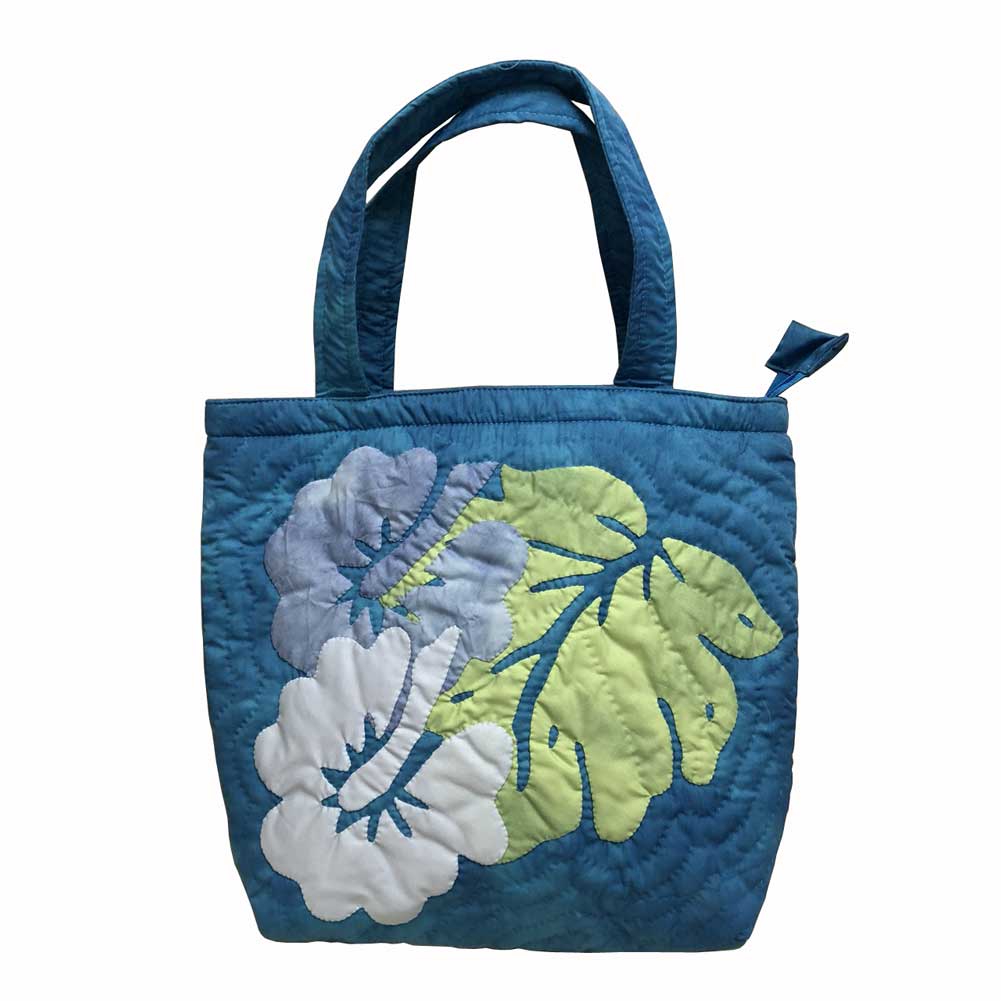 ハワイアンキルト ハンドバッグ ブルータイダイ　ブルーハイビスカス柄/ Hawaiian quilt レディースバッグ