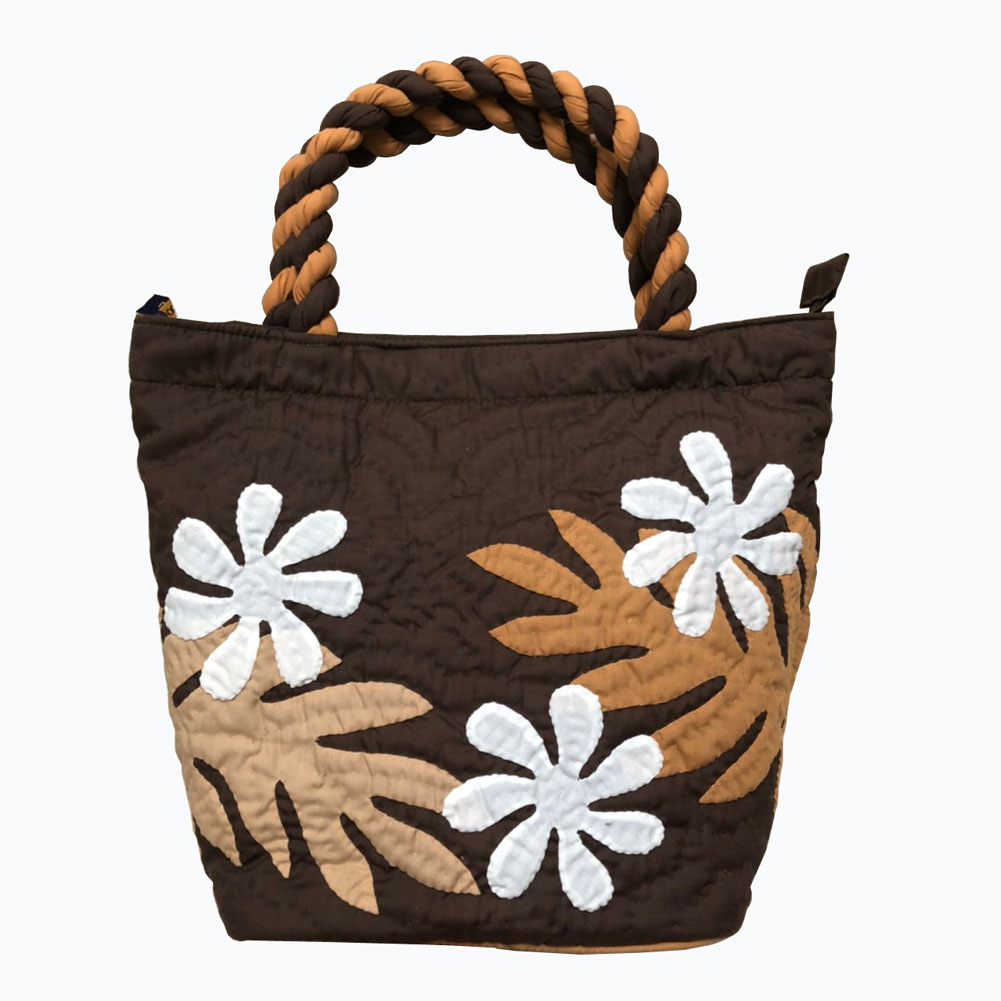 ハワイアンキルト ハンドバッグ プルメリア×モンステラ ブラウン Hawaiian quilt レディースバッグ