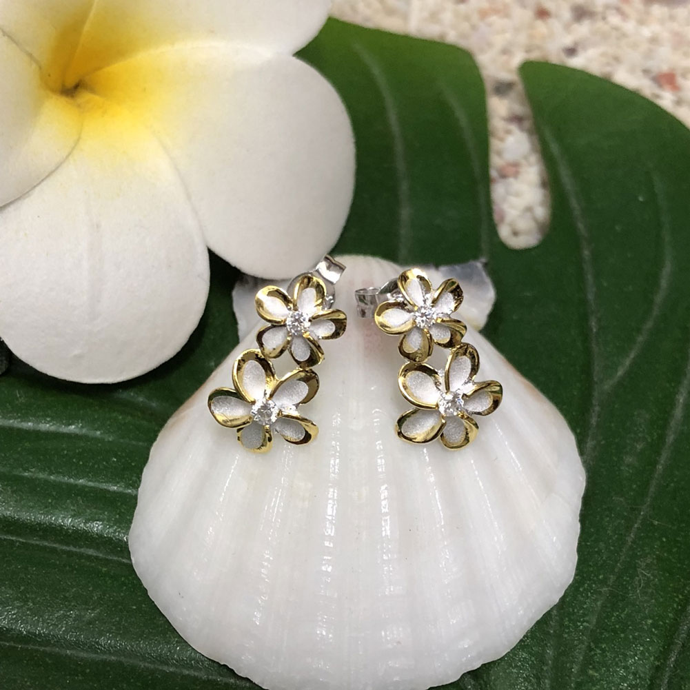 ハワイアンジュエリー　シルバー925　ダブルプルメリアキャッチピアスイエローシルバーライン/hawaiian jewely