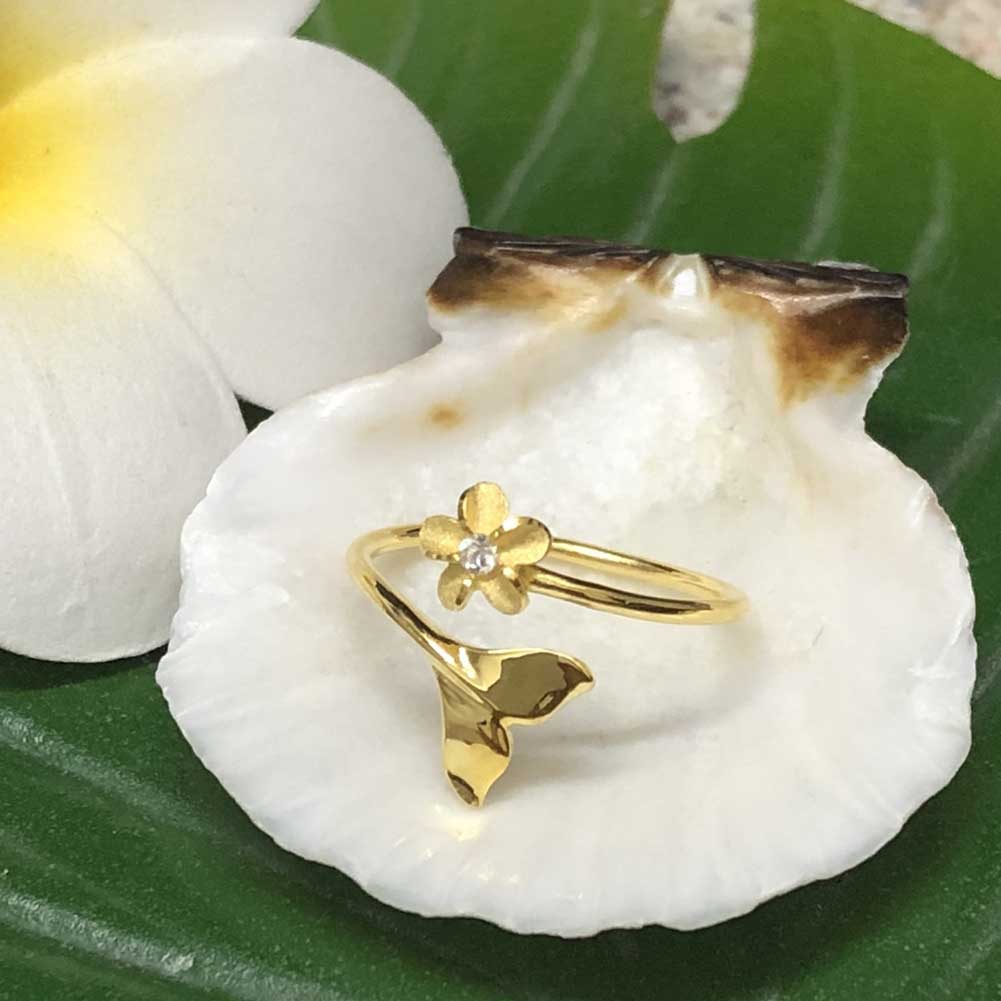 ハワイアンジュエリー イエローシルバートゥーリング ホエールテール×プルメリア/ピンキーリング Toe Ring 足用 指輪