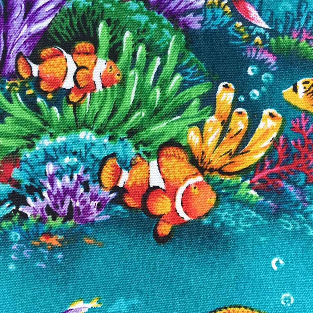 ハワイアン生地 海中 熱帯魚 イルカ タートル アクアブルー