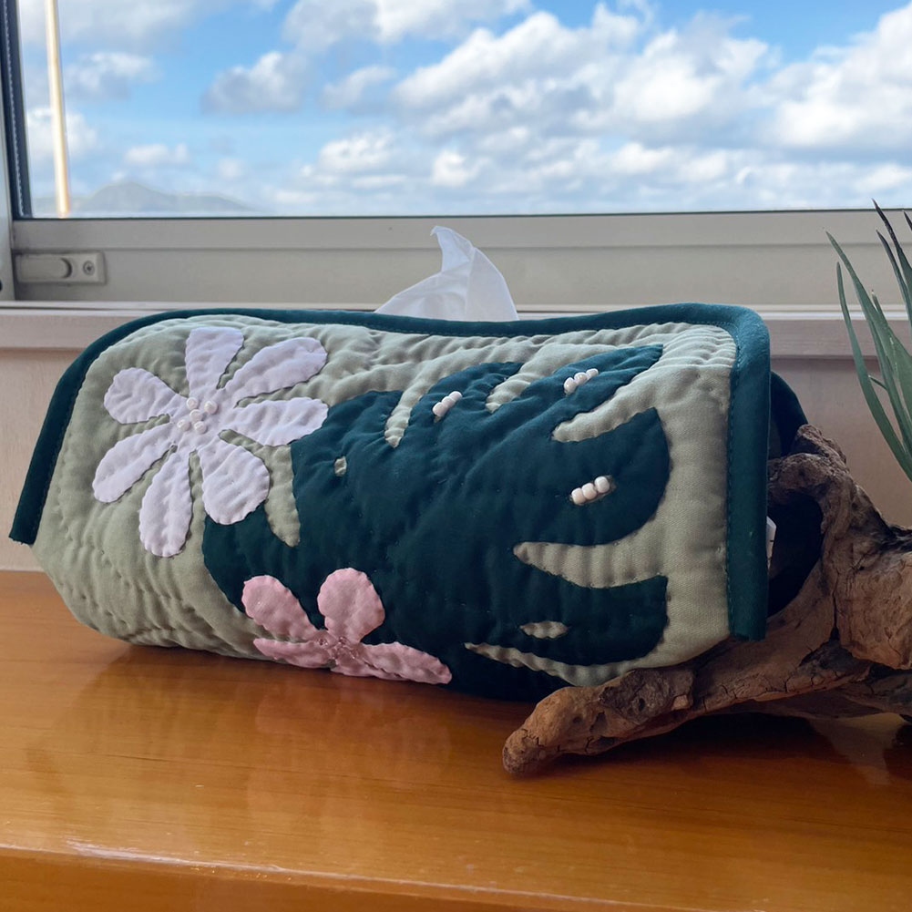 ハワイアンキルト Hawaiian Quilt ティッシュボックスカバー モスグリーン