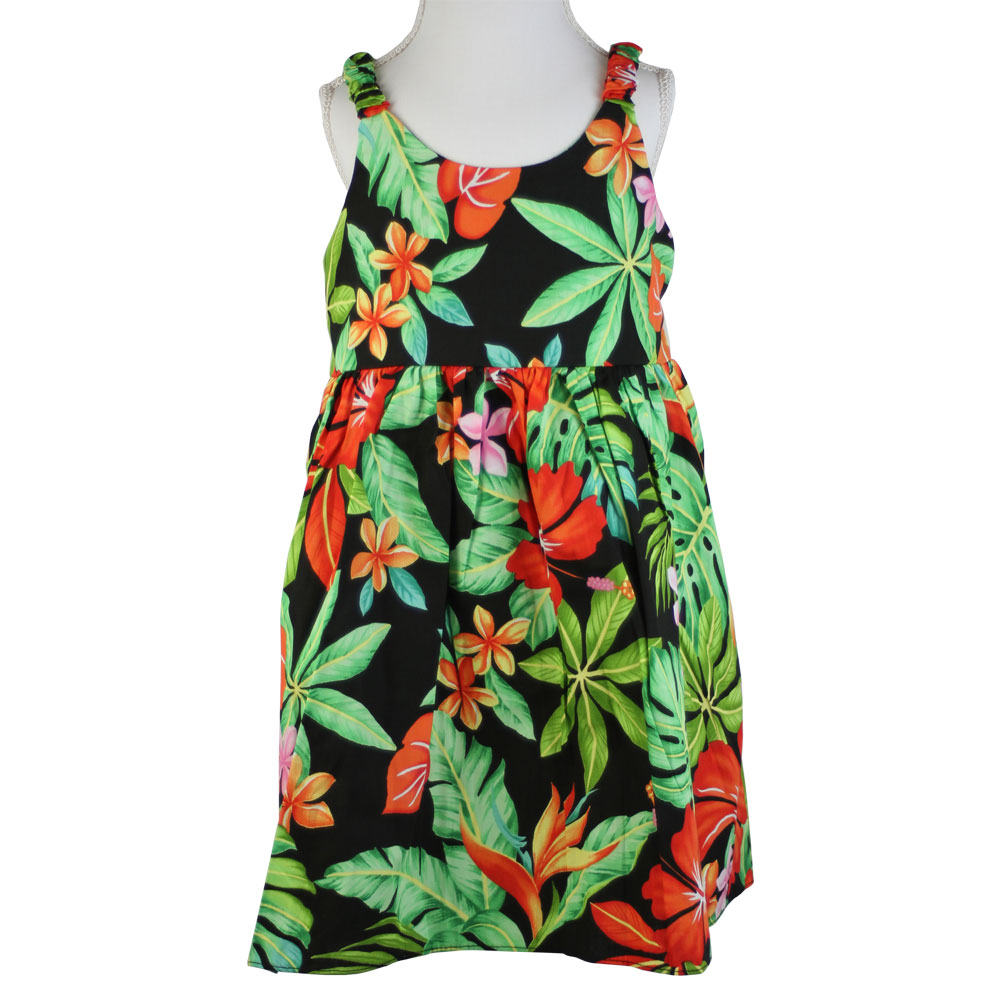 子供服ハワイアン キッズワンピース ブラック プルメリア ハイビスカス バードオブパラダイス