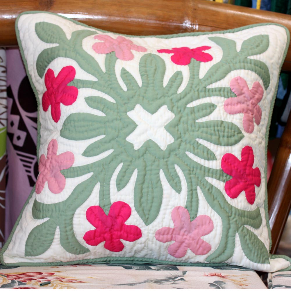 ハワイアンキルトグッズ クッションカバー プルメリア ピンクピンク ダブルピンク 46×46