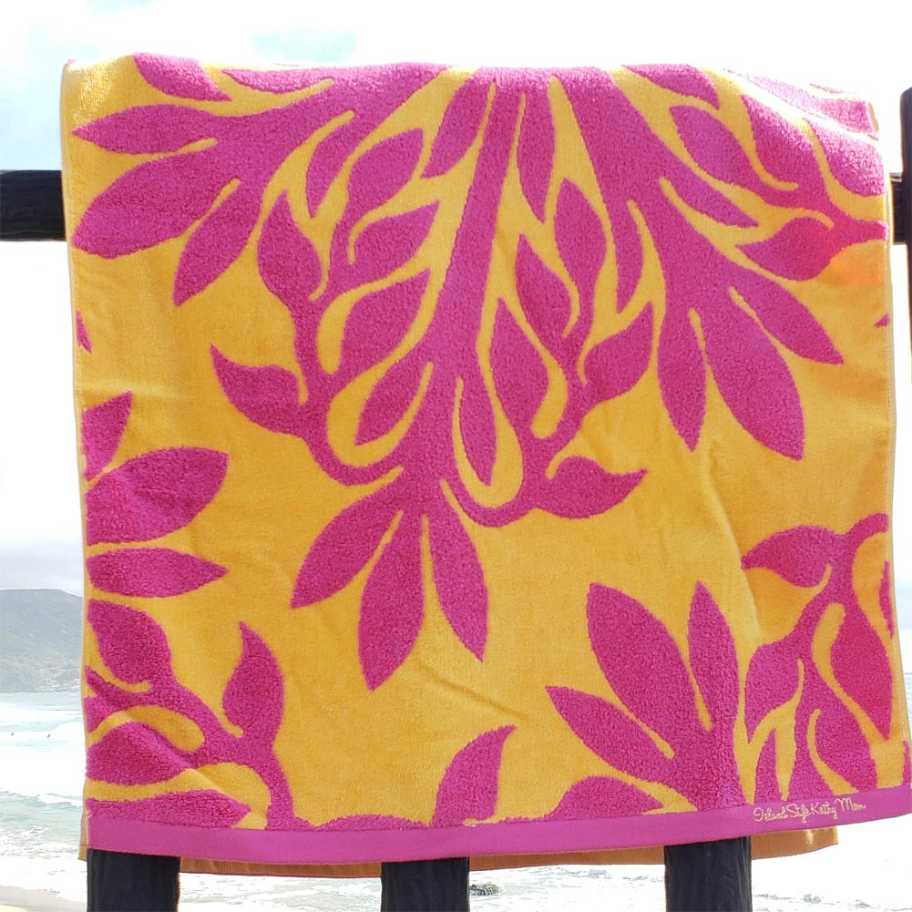 キャシーマム ハワイアンキルト柄 バスタオル ヘリコニア オレンジ  60cm×120cm