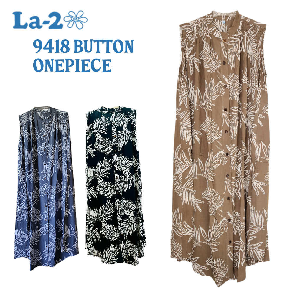 【送料無料】La-2 ラドゥ ボタン ワンピース レディース 9418 BUTTON ONEPIECE LEAF リーフ ノースリーブ レーヨン マリンスポーツ ビーチ リゾート リラックス チュニック アパレル お出かけ 体型カバー 葉 かわいい ハワイ hawaii