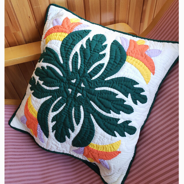 Hawaiian quilt ハワイアンキルト クッションカバー バードオブパラダイス ストレチア ゴクラクチョウカ 46x46cm