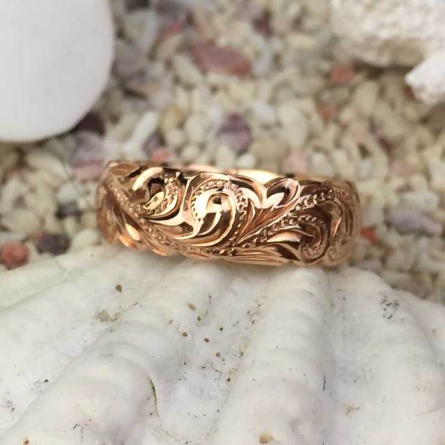 ハワイアンジュエリー 6mm　ピンクゴールド　カットアウト　14K　ヘリテイジリング