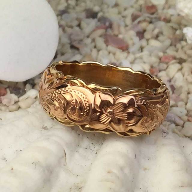 ハワイアンジュエリー 8mm　14Ｋ　ゴールドツートンダブルカットアウトリング