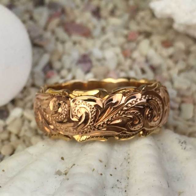 ハワイアンジュエリー 8mm　14Ｋ　ゴールドツートンダブルカットアウトリング