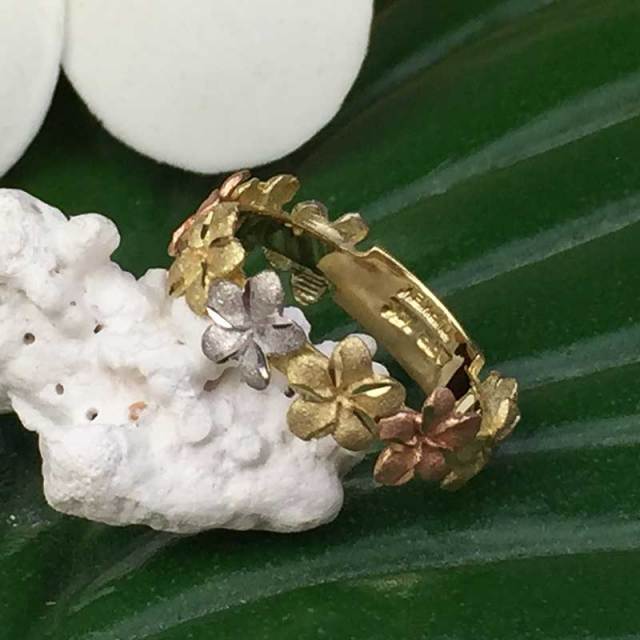 ハワイアンジュエリー 4mm 14Kゴールド 9プルメリアリング/指輪 