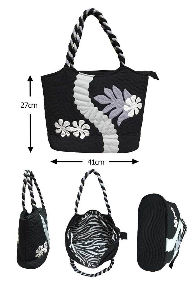 Hawaiianquiltハワイアンキルトバッグ　ティアレ柄　ハンドバッグ　ブラック