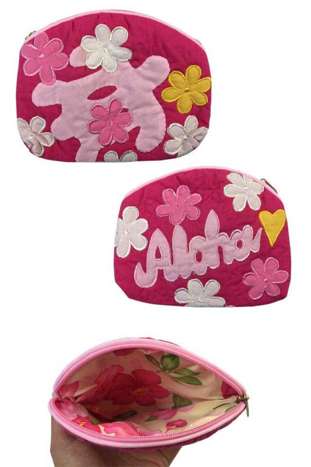 ハワイアンキルト　ホヌ×カラフルフラワーポーチ/ Hawaiian Quilt ハワイアン雑貨