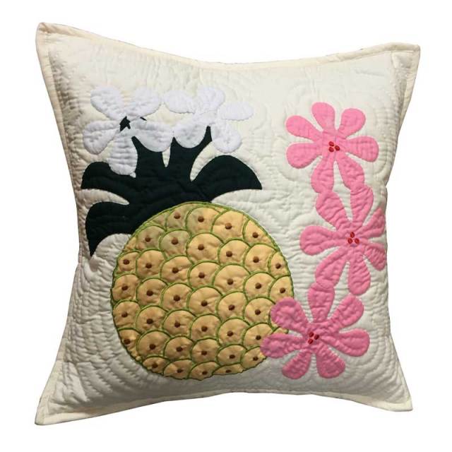 ハワイアンキルトグッズクッションカバー『パイナップルホワイト』45×45