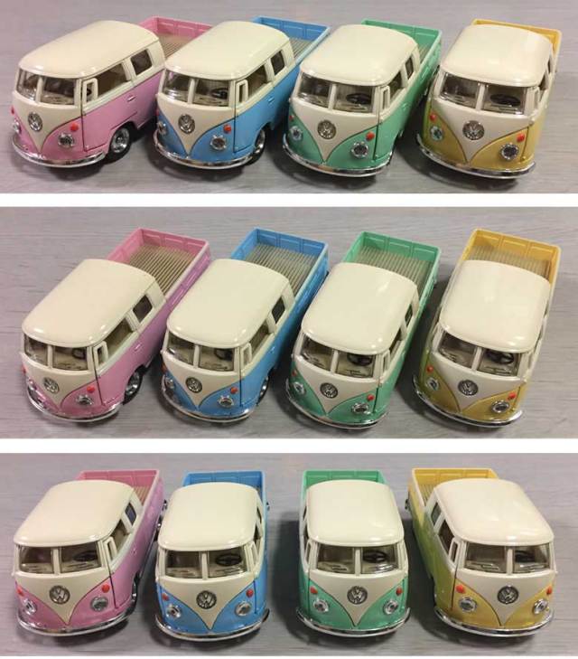 レトロ調フォルクスワーゲン　ダイキャストミニカー/おもちゃ　インテリア　1963 VW Bus Double Cab Pickup　Pastel Color　1/34