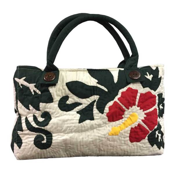 ハワイアンキルト ハイビスカス柄ハンドバッグ ホワイト/Hawaiianquilt レディースバッグ　手提げ