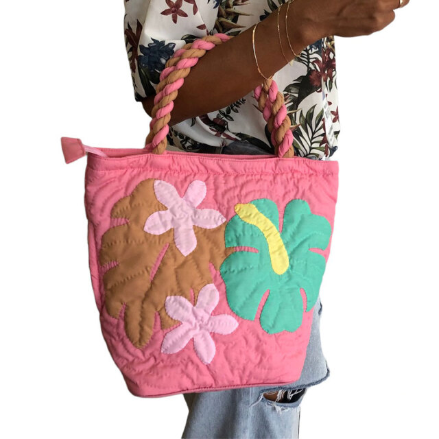 ハワイアンキルト ハンドバッグ ハイビスカス ピンク