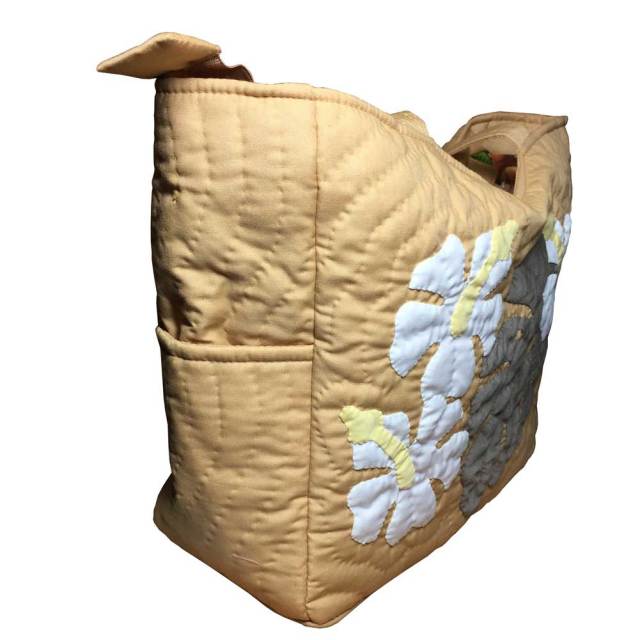 ハワイアンキルト ハンドバッグ モンステラ×ハイビスカス マスタード/ Hawaiian quilt レディースバッグ