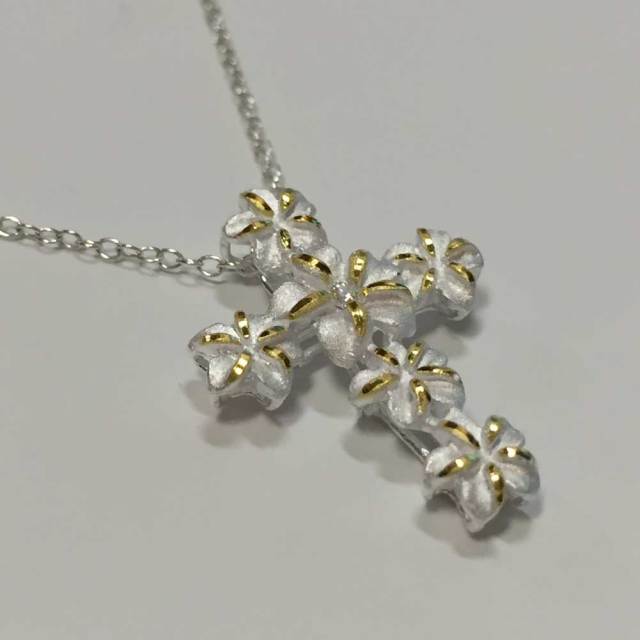 ハワイアンジュエリー チェーン付き プルメリアクロスネックレス