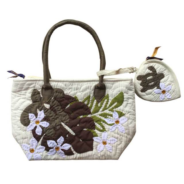 ハワイアンキルト　バッグ　モンステラ×ホヌ×ティアレ柄　ポーチ付き/Hawaiianquilt　レディースバッグ