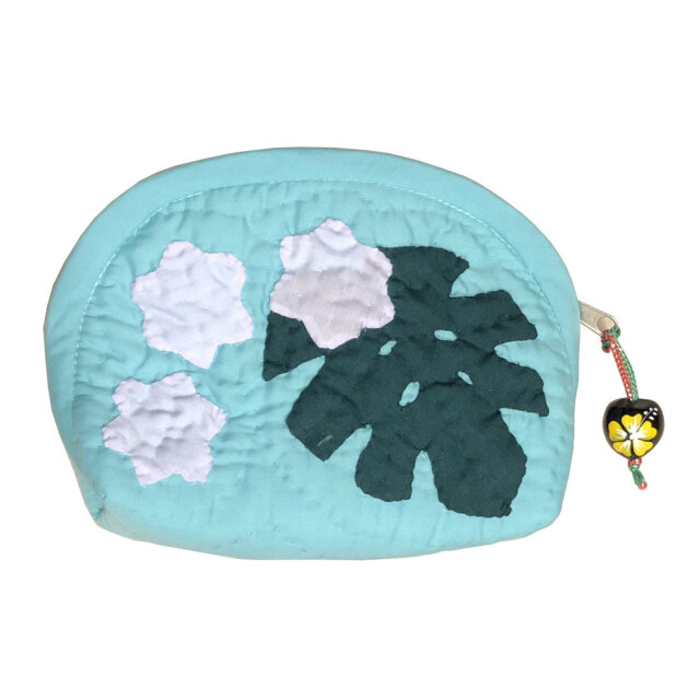 ハワイアンキルト  モンステラ ククイ付きポーチ Hawaiian Quilt 化粧ポーチ