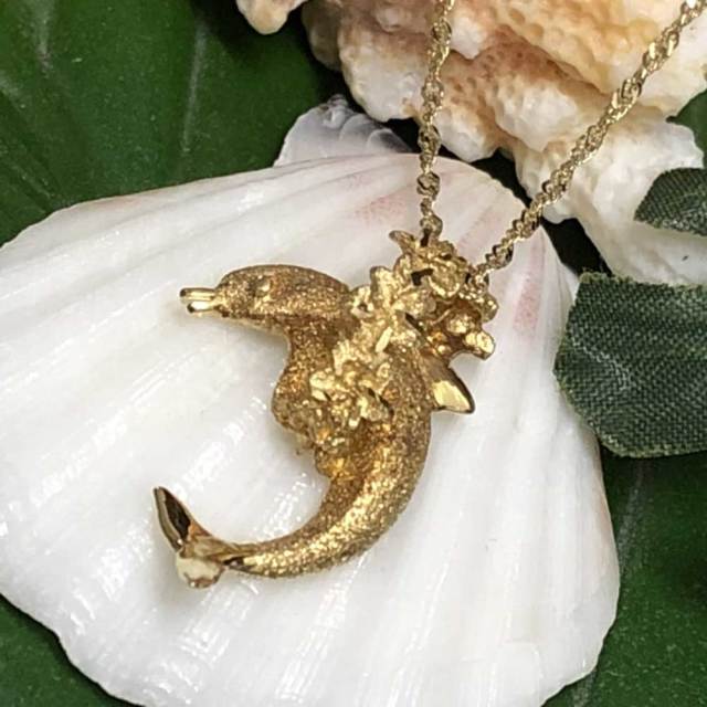 ハワイアンジュエリー 14ｋ　シンガポールチェーン付きドルフィン×プルメリアネックレス/ハワイアンアクセサリー