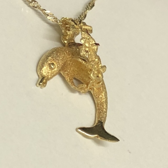 ハワイアンジュエリー 14ｋ　シンガポールチェーン付きドルフィン×プルメリアネックレス/ハワイアンアクセサリー