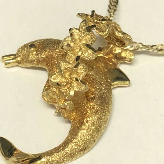 ハワイアンジュエリー 14ｋ　シンガポールチェーン付きドルフィン×プルメリアネックレス/ハワイアンアクセサリー