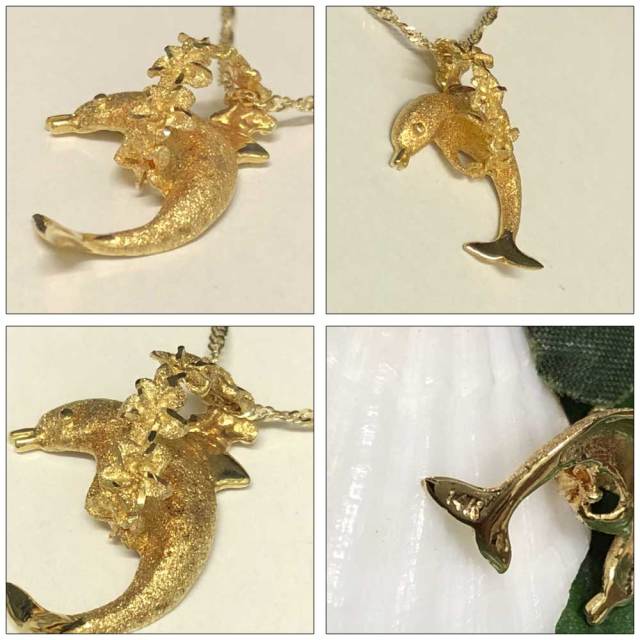 ハワイアンジュエリー 14ｋ　シンガポールチェーン付きドルフィン×プルメリアネックレス/ハワイアンアクセサリー