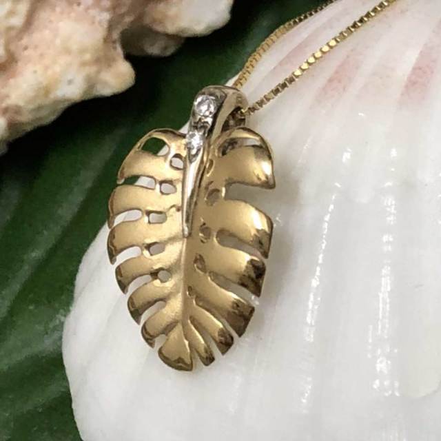 ハワイアンジュエリー 14ｋ　ベネチアンチェーン付きモンステラネックレス/ハワイアンアクセサリー