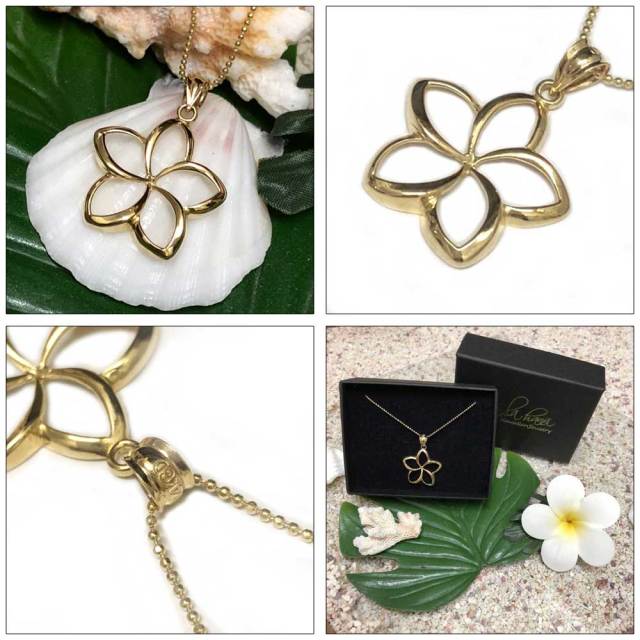 ハワイアンジュエリー 14ｋ　ボールチェーン付き　透かしプルメリア　大　ネックレス/ハワイアンアクセサリー